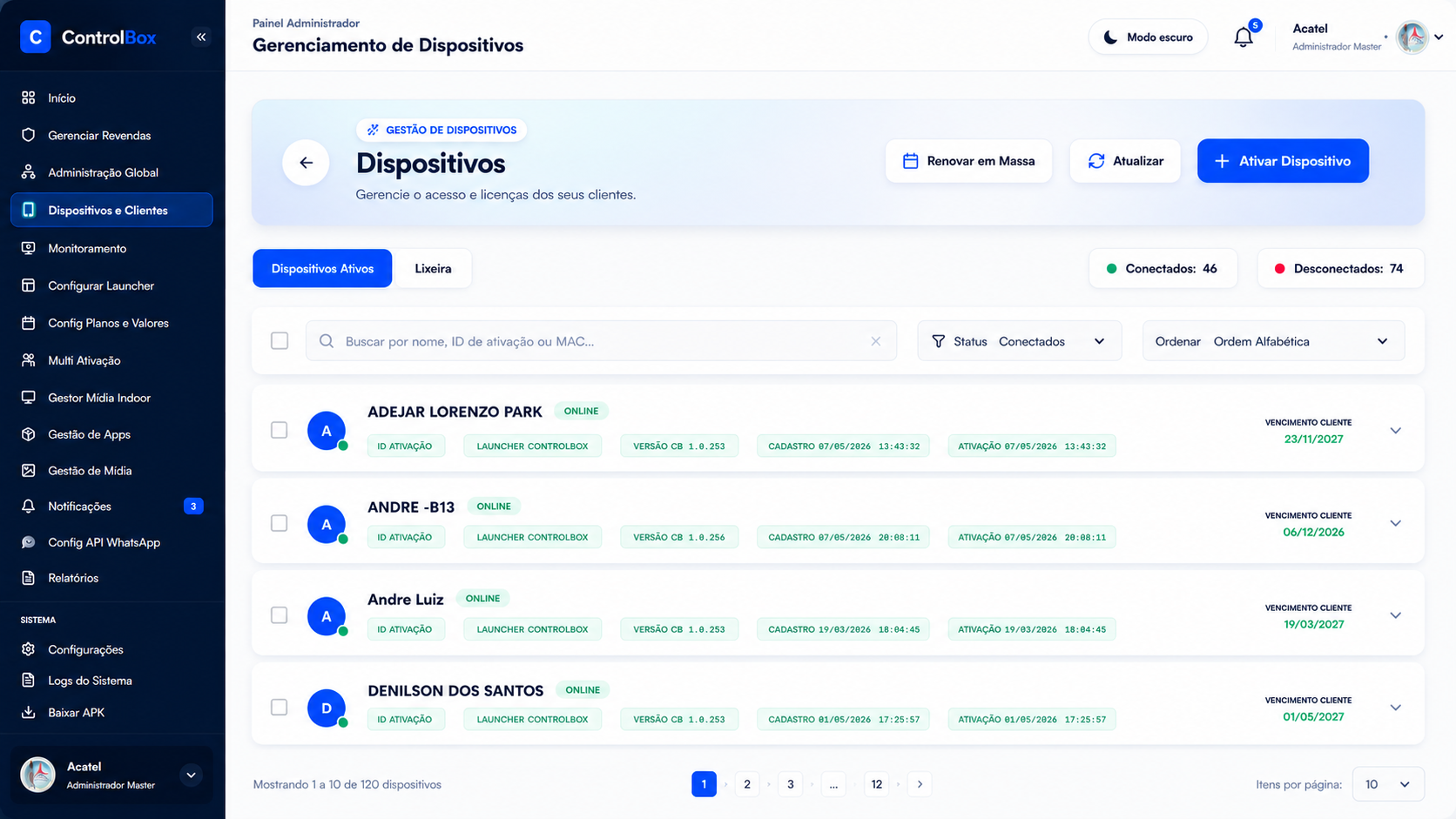 Gerenciamento de dispositivos ControlBox